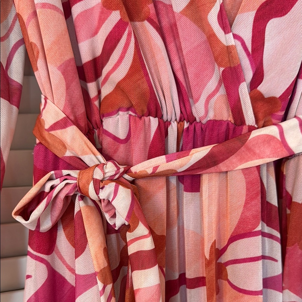 Pink and White Floral Wrap Gown with Bishop Sleeves - Picture 7 of 13